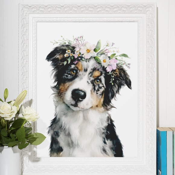 Watercolor Australian Shepherd Dog Portrait Wall Art Print, Unframed - Picture 7 of 7